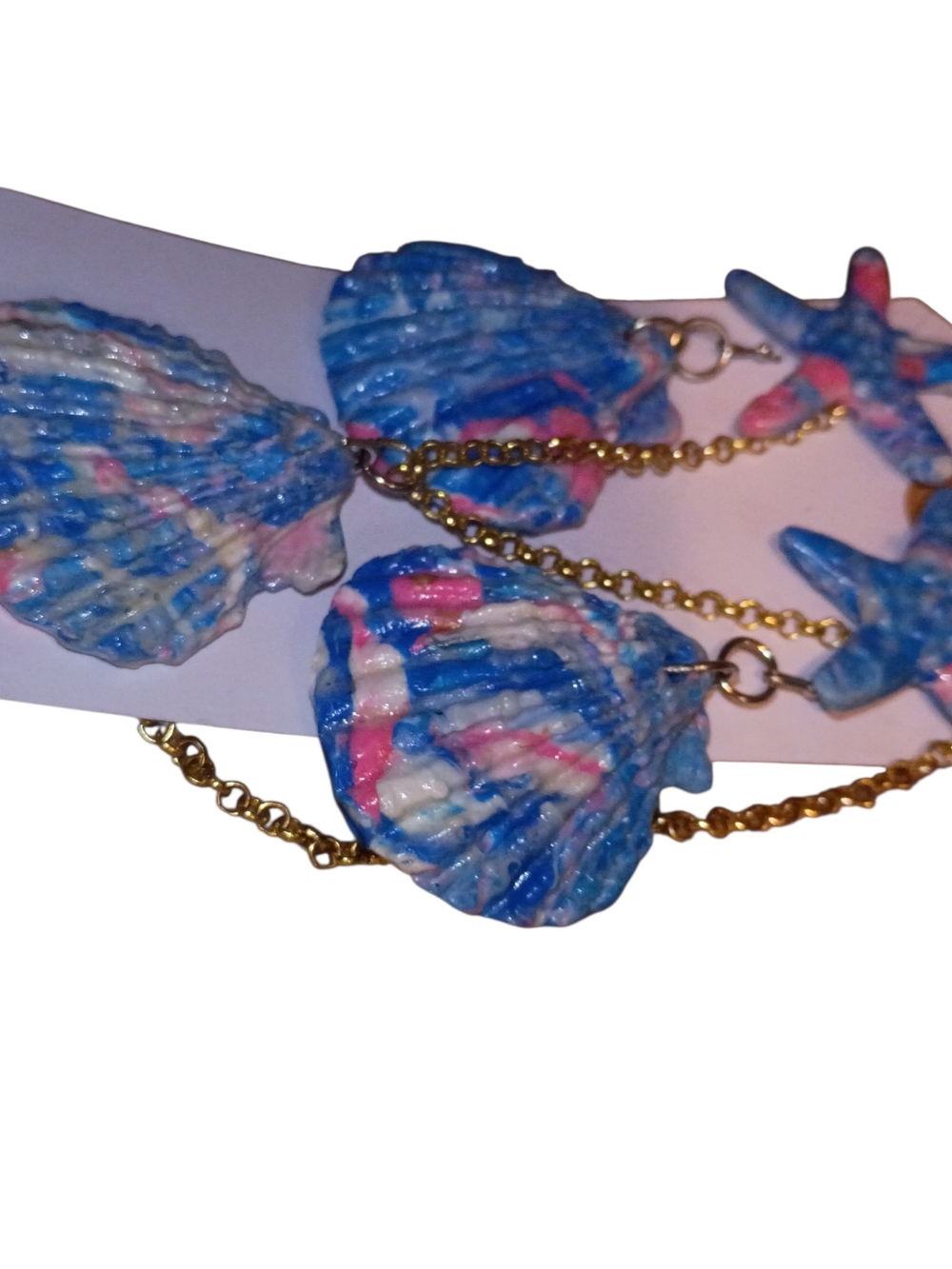 Coastal Vibes  Blue / Pink Shell & Starfish Statement Earrings And Necklace Set - Picture 4 of 14
